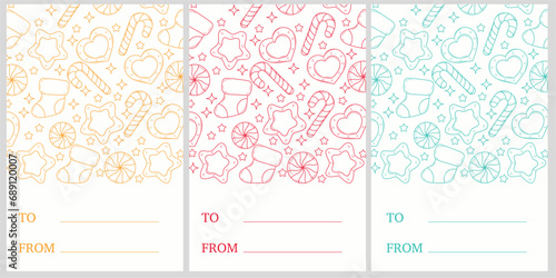 Set of vector holiday cards for Christmas and New Year. On a white background, hand-drawn holiday candies, socks, stars in basic holiday colors. Below is space for your address and kind words.