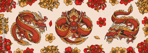Asian red dragons colorful banner