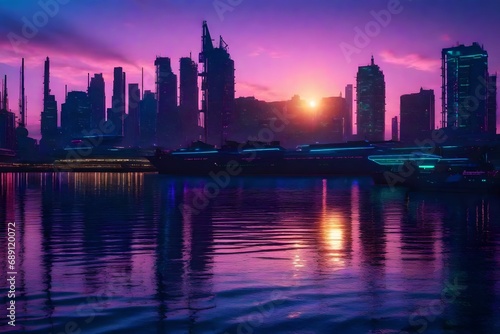 A cyberpunk harbor at sunset  where a hacker orchestrates digital maneuvers surrounded by holographic waves.
