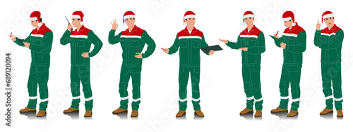 Handyman in Santa hat. Set of male construction workers wearing Christmas hats and overalls with safety bands. Different poses. Uniform in Christmas colors. Vector illustration set isolated on white