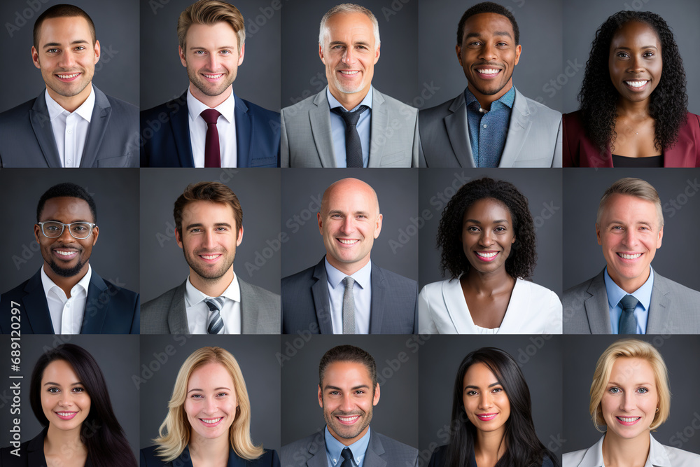 Many smiling multiethnic business people faces headshots collage mosaic. Collage of smiling business people in formalwear looking at camera.