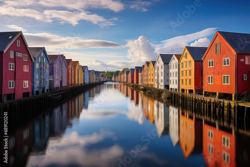 Colorful houses over water in Trondheim city -
