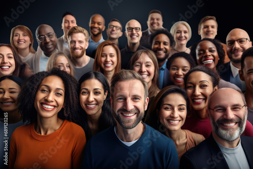 Diverse group of people looking at camera. Portraits of happy smiling multi cultural and multi aged generation people.