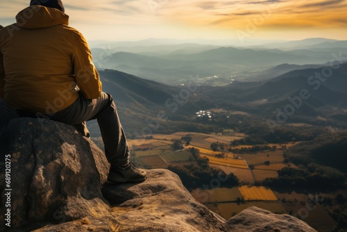 The feet of a traveler resting on a plateau. POV view. Sitting on top of a high hill. Independent concept.