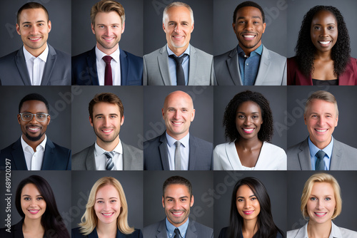 Many smiling multiethnic business people faces headshots collage mosaic. Collage of smiling business people in formalwear looking at camera. photo