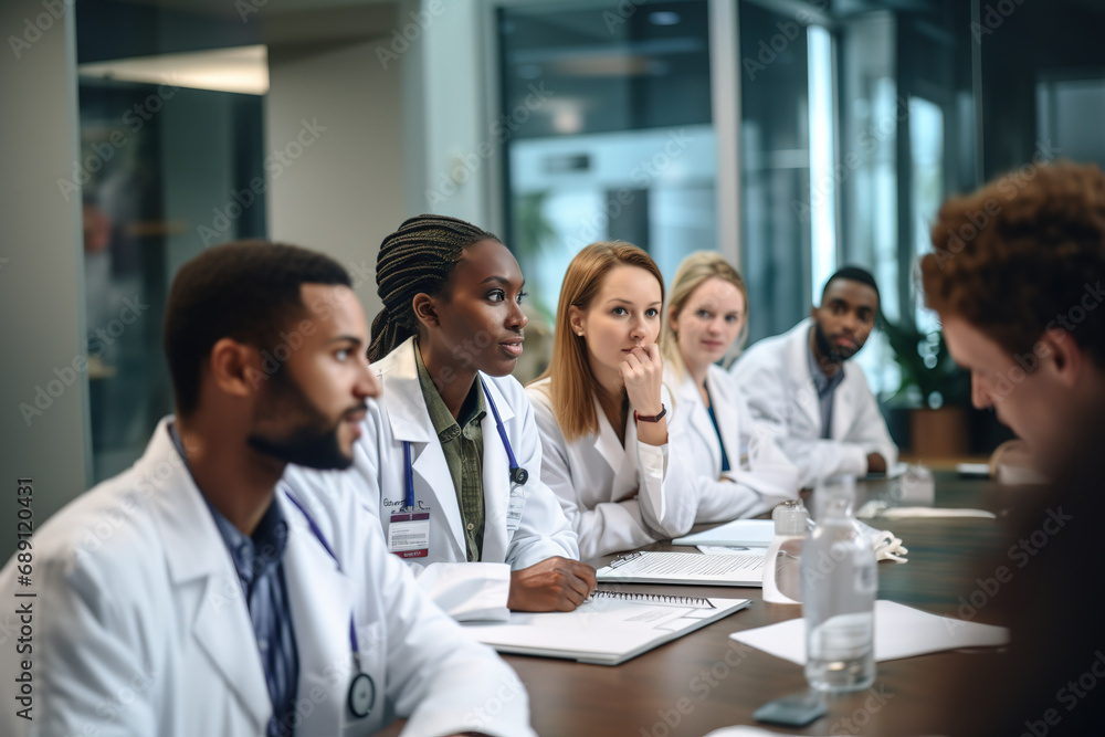 Diverse group of medical professionals at table during meeting or seminar. Diverse group of medical professionals at table during meeting or seminar.