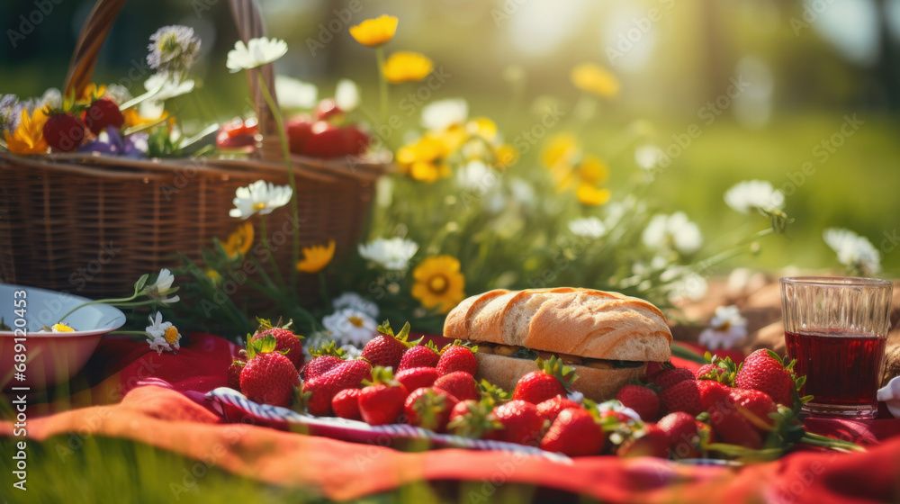 Picnic in the meadow with fresh strawberries and croissant