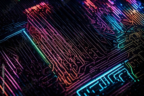 Extreme close-up of a graphic card  showcasing the fine textures and intricate patterns  with a captivating play of neon LED lights.