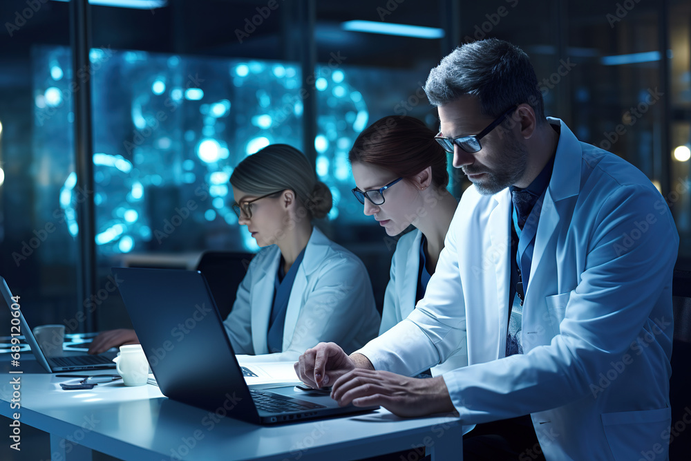 Male mature doctor in white coat sitting at the table working on laptop with his female colleagues nurses at office. Male mature doctor in white coat sitting at the table working on laptop with his female colleagues nurses at office.