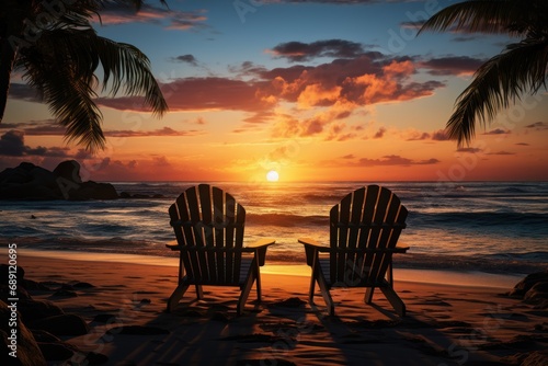 tropical beach with two chairs and a breathtaking sunset, generative