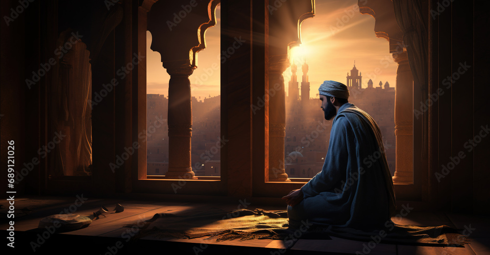 Prayer, islam and worship with man in mosque for god, holy quran and spirituality. Praying, and Islamic with person in Muslim pray traditions for faith, mindfulness and Ramadan 