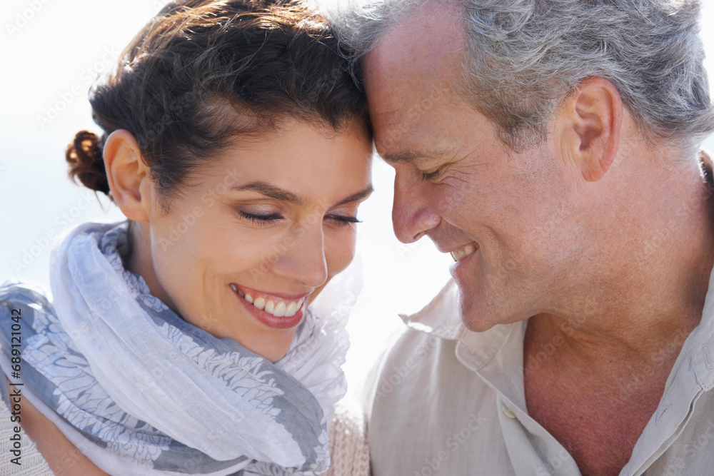 Couple, face and happy outdoor with hug for romance, love and relationship in nature with relaxing. Mature, man and woman or embrace with smile, comfort and peace for bonding, honeymoon and support Couple, face and happy outdoor with hug for romance, love and relationship in nature with relaxing. Mature, man and woman or embrace with smile, comfort and peace for bonding, honeymoon and support