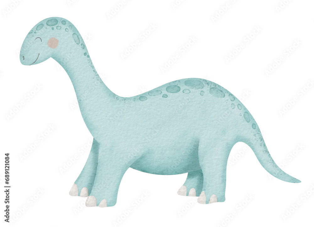 Dinosaur Diplodocus Watercolor illustration. Hand drawn clip art of Dino on isolated background. Drawing of baby cute smiling cartoon character. Sketch of blue prehistoric animal for kids prints.