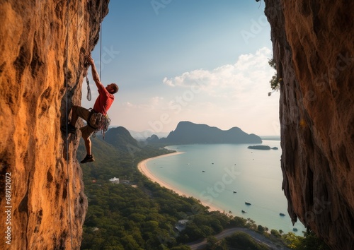 , Krabi, Thaiwand wall, climber abseiling from rock wall above the sea