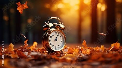Concept, daylight saving time. Sommer time, winter time, changeover, switch of time. Sommer or winter time. Clock as a timer for celebrations. Autumnal forest and leaves. photo