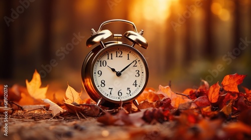 Concept, daylight saving time. Sommer time, winter time, changeover, switch of time. Sommer or winter time. Clock as a timer for celebrations. Autumnal forest and leaves.