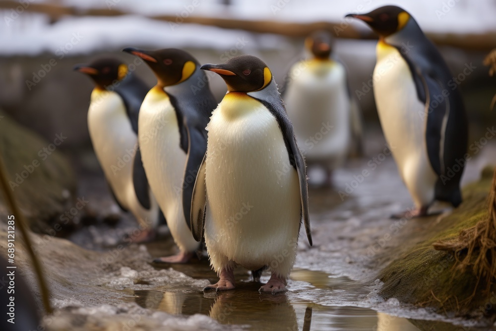 Obraz premium Some really cute penguins are playing together and walking through the park. A wonderful penguin-family looking to each other and search some food.