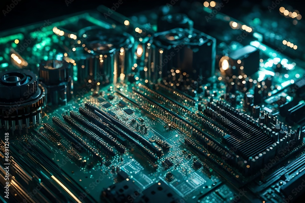 Close-up view of a cutting-edge motherboard, capturing the sophisticated arrangement of electronic components, with a soft backdrop of LED lights.