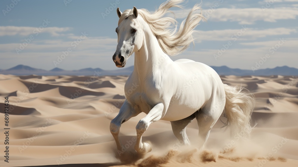 Beautiful white horse in desert. Illustration  Generative