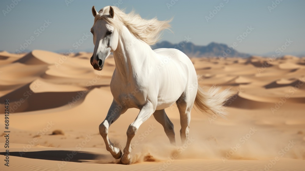 Beautiful white horse in desert. Illustration  Generative