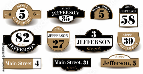 House rooms.Vector boards for signboards. Street house name plate in black and gold. photo