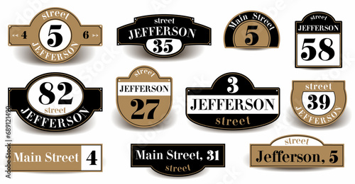 House rooms.Vector boards for signboards. Street house name plate in black and gold.