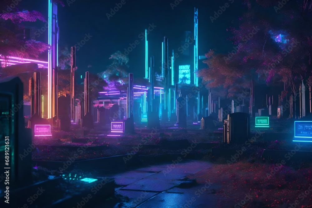 A cyberpunk graveyard, where a hacker interacts with digital spirits amidst holographic tombstones and encrypted memories.