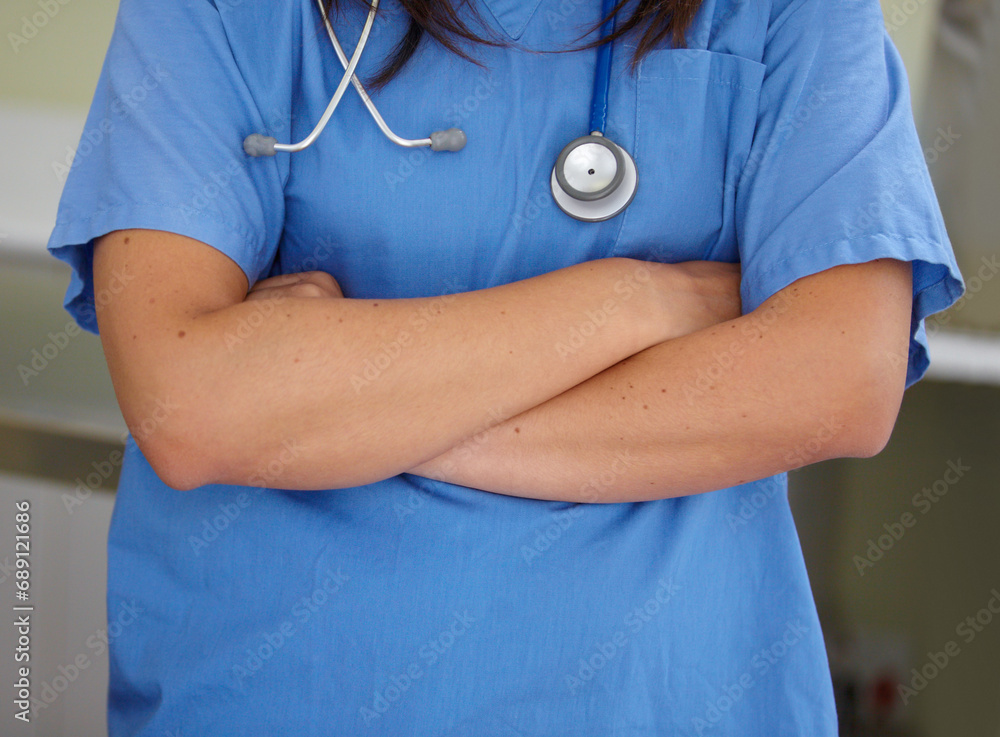 Woman, doctor and arms crossed of professional veterinarian for healthcare or domestic animal service. Closeup of female person, nurse or medical surgeon in confidence at pet shelter, clinic or vet Woman, doctor and arms crossed of professional veterinarian for healthcare or domestic animal service. Closeup of female person, nurse or medical surgeon in confidence at pet shelter, clinic or vet