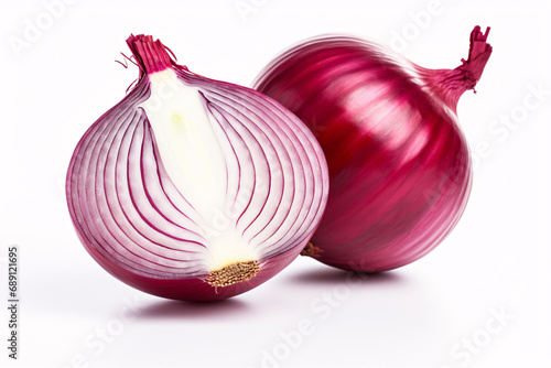 Whole and cut open red onion on white background