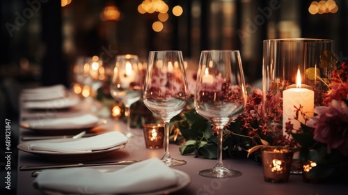 Elegant and select wedding decoration restaurant table Wine Glass and appetizers, on the bar table Soft light and romantic atmosphere dinner service menue guests candle photo
