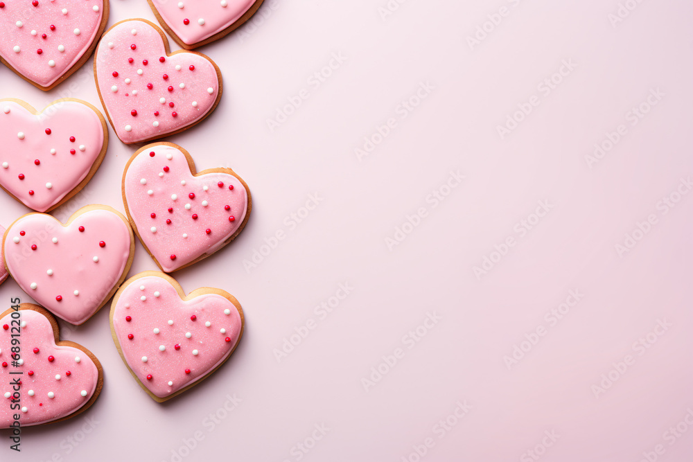 Top view of pink heart shaped Valentine's day cookies with sugar icing on pink background with copy space