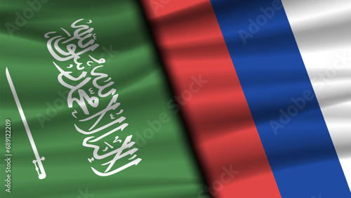Vector politico economic poster. Wavy flags of Russia and Saudi Arabia. Relations between countries.