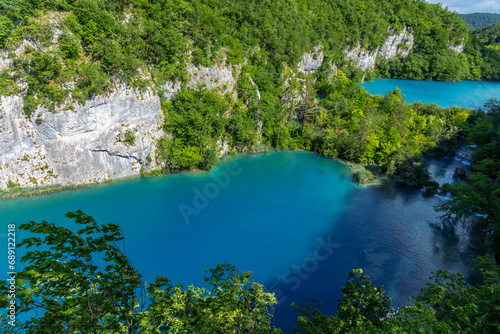 Picturesque lakes among forests and mountains. Plitvice Lakes, Croatia.