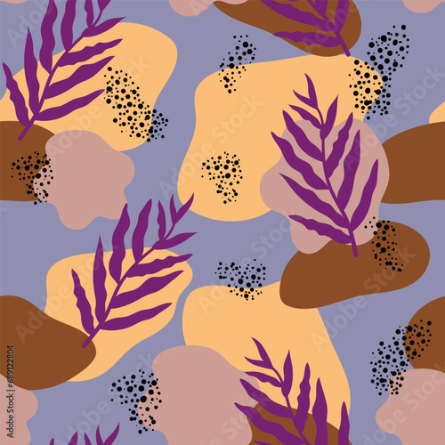 Vector seamless pattern with  branches with leaves and splashes. Fresh summer botanical background