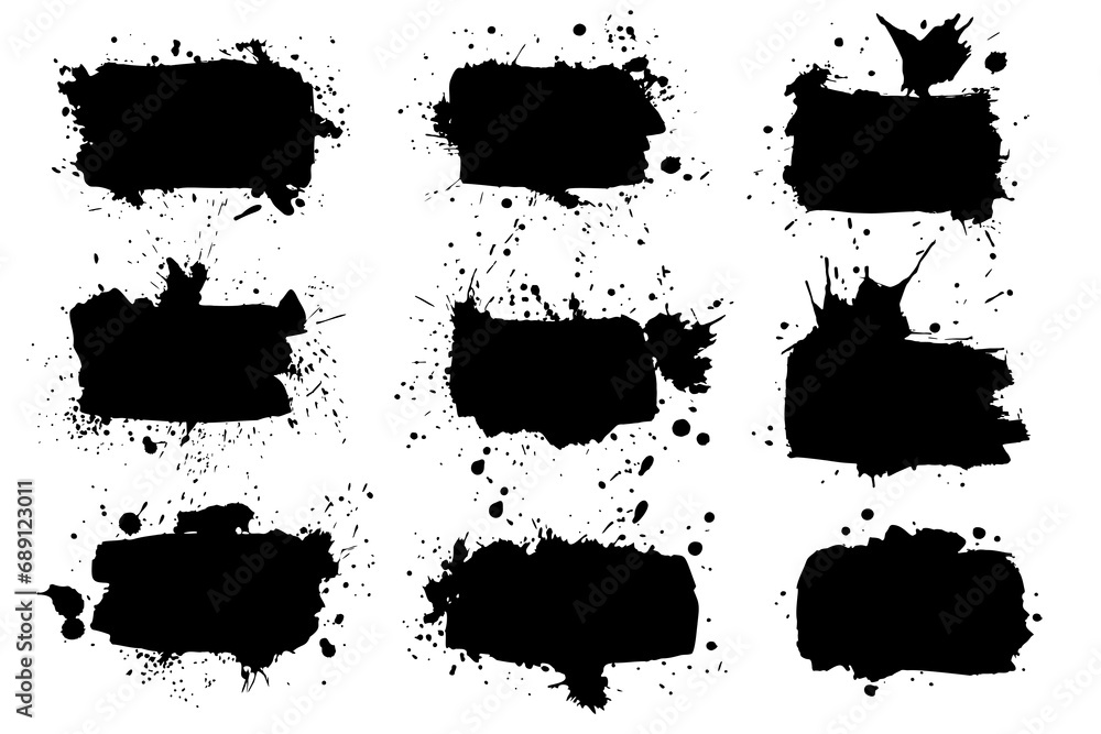 Grunge ink blot backgrounds set with streaks,splashes,spots,dots,streaks.Abstract spot.Splatters of paint, watercolor stain.Use texture for the design of postcards,banners,posters. Isolated.Vector