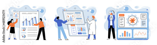 Business data analysis vector illustration. Occupation finds meaning in language statistical investigation The melody business success is composed by notes data analysis Research is compass guiding