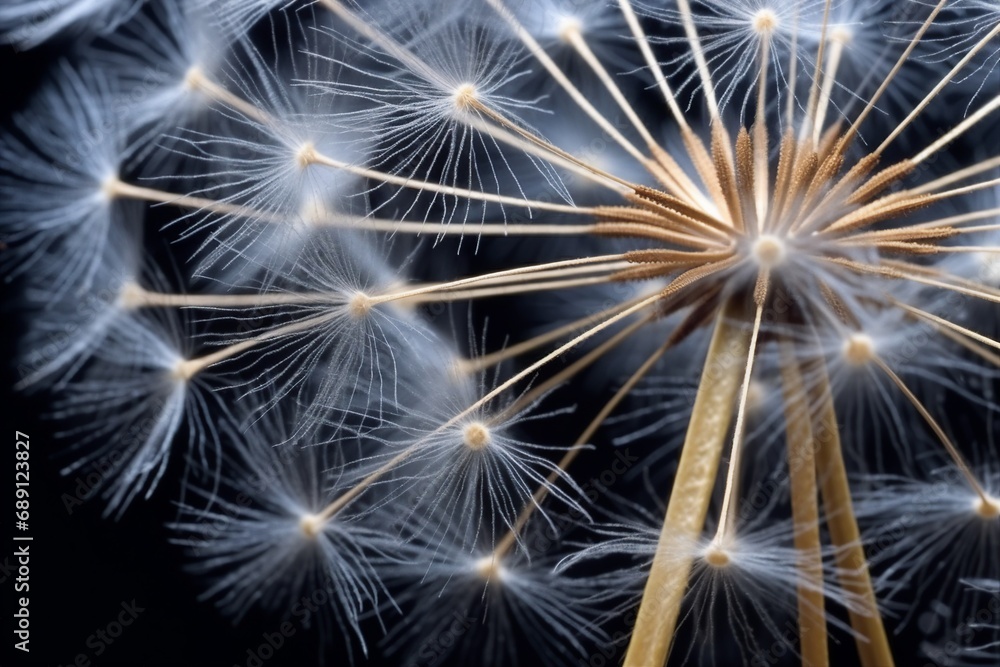 Fototapeta premium Closeup of dandelion seeds on black background.generative ai.