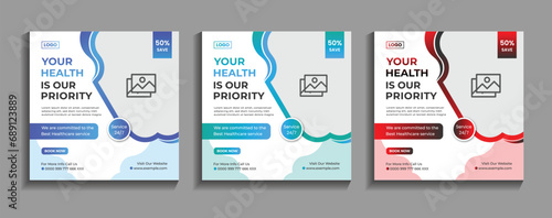 Healthcare medical service social media post template design. Doctor's care, Clinic, or hospital's digital marketing ads for health business promotion banner and web flyer templates.