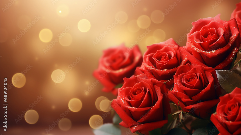 Realistic red roses with golden lines, golden background with blur, bokeh, space for text - AI Generative Realistic red roses with golden lines, golden background with blur, bokeh, space for text - AI Generative