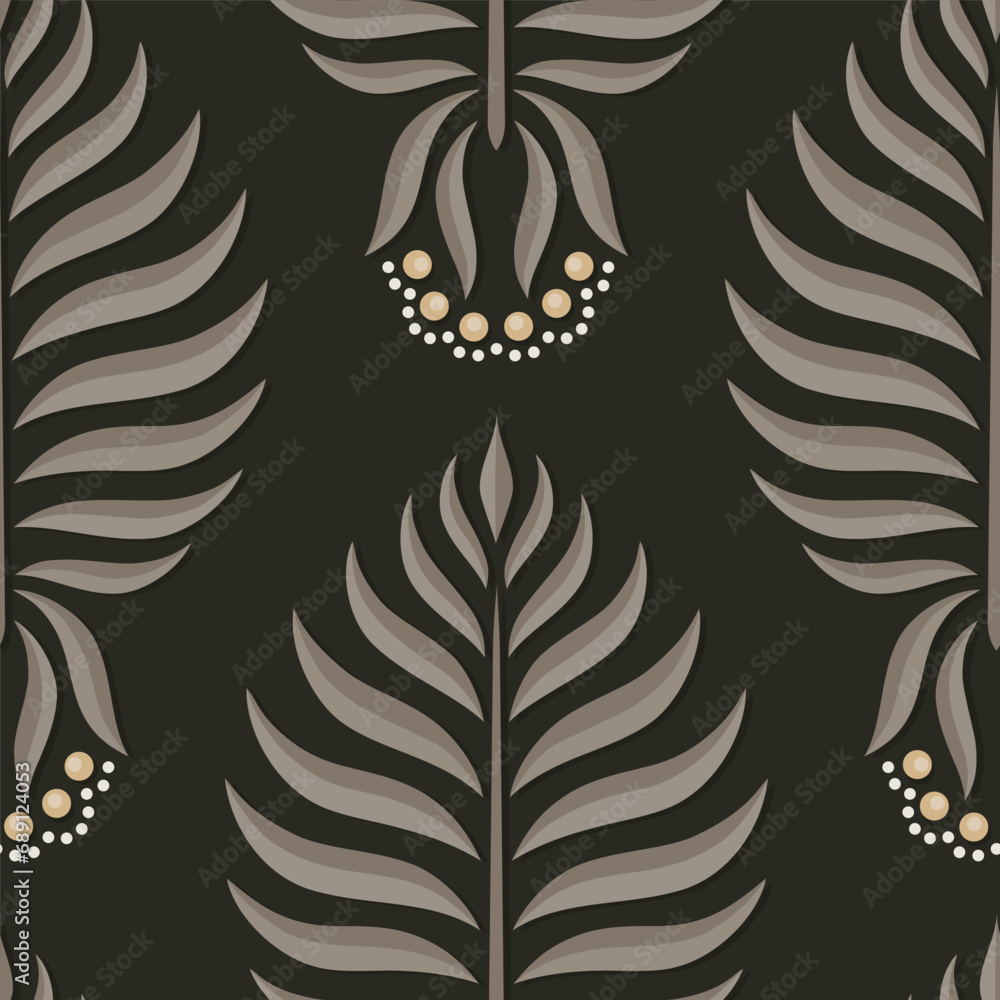 Elegant geometric blooming leaves and berries. Abstract botanical elements vector illustration. Colorful brown beige gold seamless pattern on dark background.
