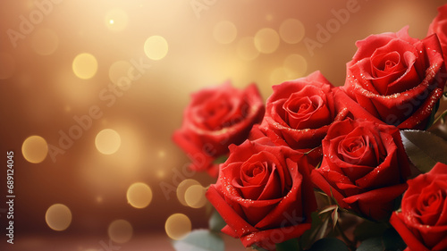 Realistic red roses with golden lines  golden background with blur  bokeh  space for text - AI Generative