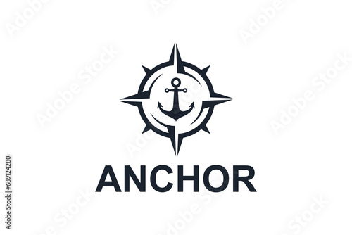 Compass cardinal direction logo with anchor elements, sailor and adventure symbols.