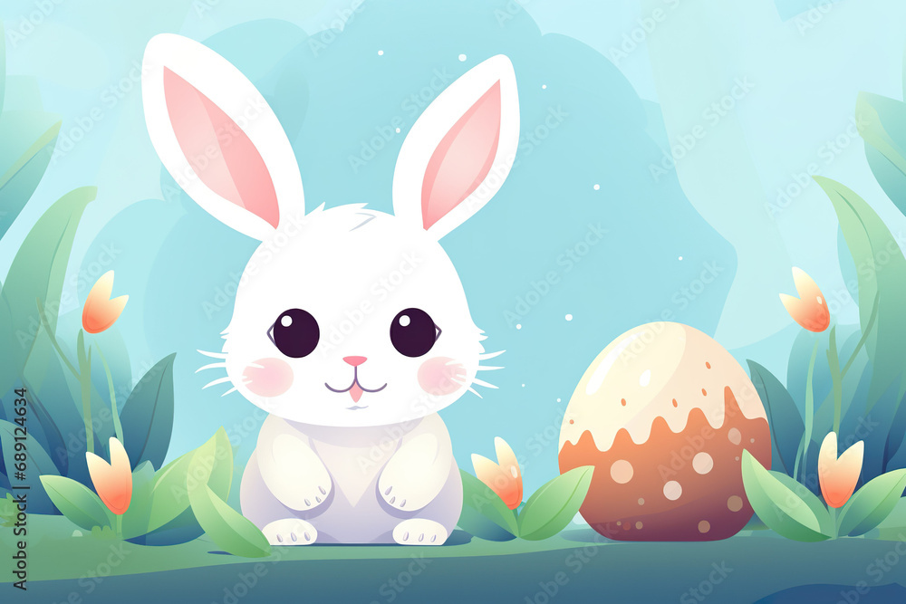 Cute Easter bunny with egg in the garden. Cute Easter bunny with egg in the garden.