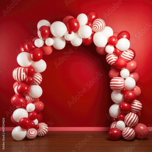 Party Christmas festive backdrop photo zone with red and white balloons arc, red photo wall, xmas interior
