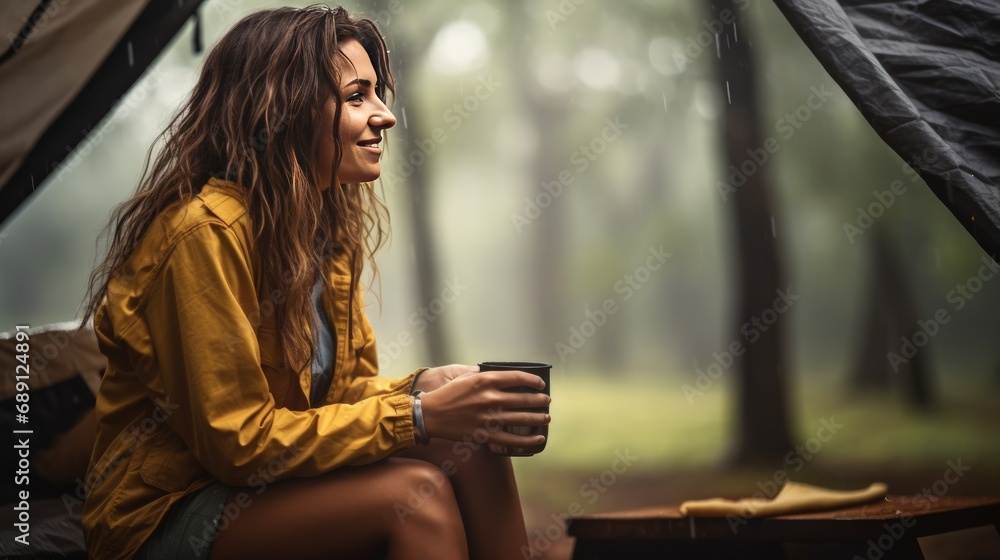Young Caucasian hiker woman enjoys a morning mug of coffee near her tent, alone with nature. Young Caucasian hiker woman enjoys a morning mug of coffee near her tent, alone with nature.