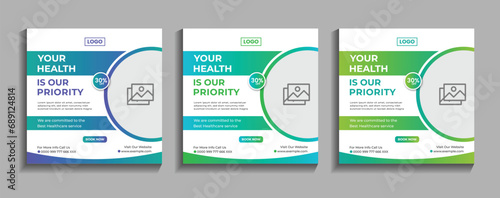 Healthcare medical service social media post template design. Doctor's care, Clinic, or hospital's digital marketing ads for health business promotion banner and web flyer templates.