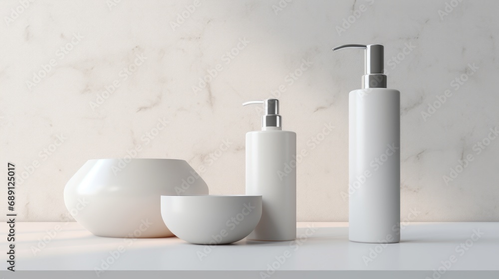 3D mockup products of White empty cosmetic products, white soap lotion, shampoo or shower gel, mockup and bottles in the style of light gray and white in modern bathroom interior Free Copy Space 3D mockup products of White empty cosmetic products, white soap lotion, shampoo or shower gel, mockup and bottles in the style of light gray and white in modern bathroom interior Free Copy Space