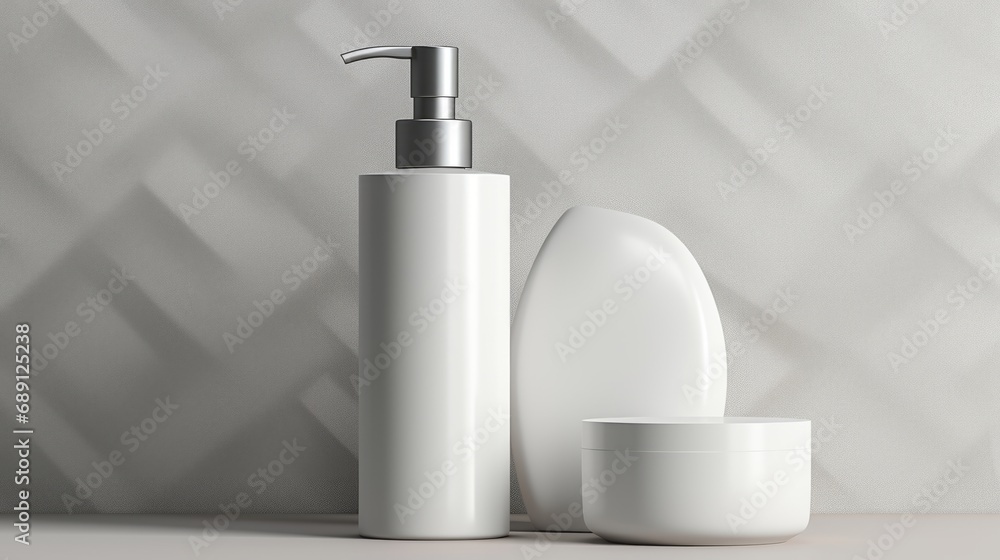 3D mockup products of White empty cosmetic products, white soap lotion, shampoo or shower gel, mockup and bottles in the style of light gray and white in modern bathroom interior Free Copy Space 3D mockup products of White empty cosmetic products, white soap lotion, shampoo or shower gel, mockup and bottles in the style of light gray and white in modern bathroom interior Free Copy Space