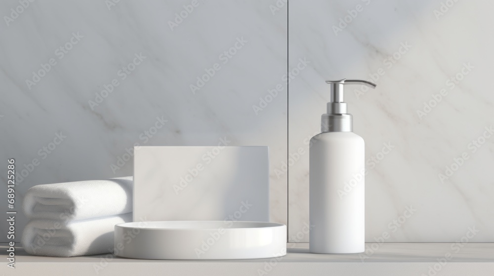 3D mockup products of White empty cosmetic products, white soap lotion, shampoo or shower gel, mockup and bottles in the style of light gray and white in modern bathroom interior Free Copy Space 3D mockup products of White empty cosmetic products, white soap lotion, shampoo or shower gel, mockup and bottles in the style of light gray and white in modern bathroom interior Free Copy Space