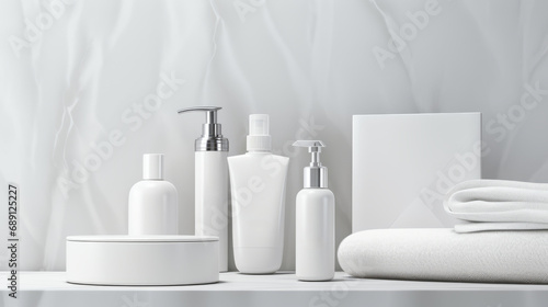 3D mockup products of White empty cosmetic products, white soap lotion, shampoo or shower gel, mockup and bottles in the style of light gray and white in modern bathroom interior Free Copy Space